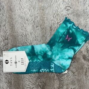 Club Pilates Tavi Women's Aria Ruffle Teal Grip Socks with purple butterfly